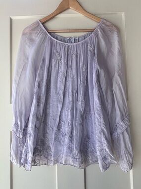 Light Lavender Women's Silk Peasant Blouse with Silver Embroidered Flowers